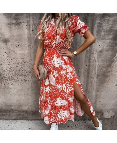 Women Sexy Split Fork Floral Print Dress Summer Ladies V-Neck Elegant Large Size Long Sleeve Dress Office Lady Dresses Vestid...