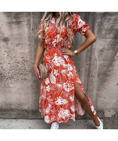 Women Sexy Split Fork Floral Print Dress Summer Ladies V-Neck Elegant Large Size Long Sleeve Dress Office Lady Dresses Vestid...