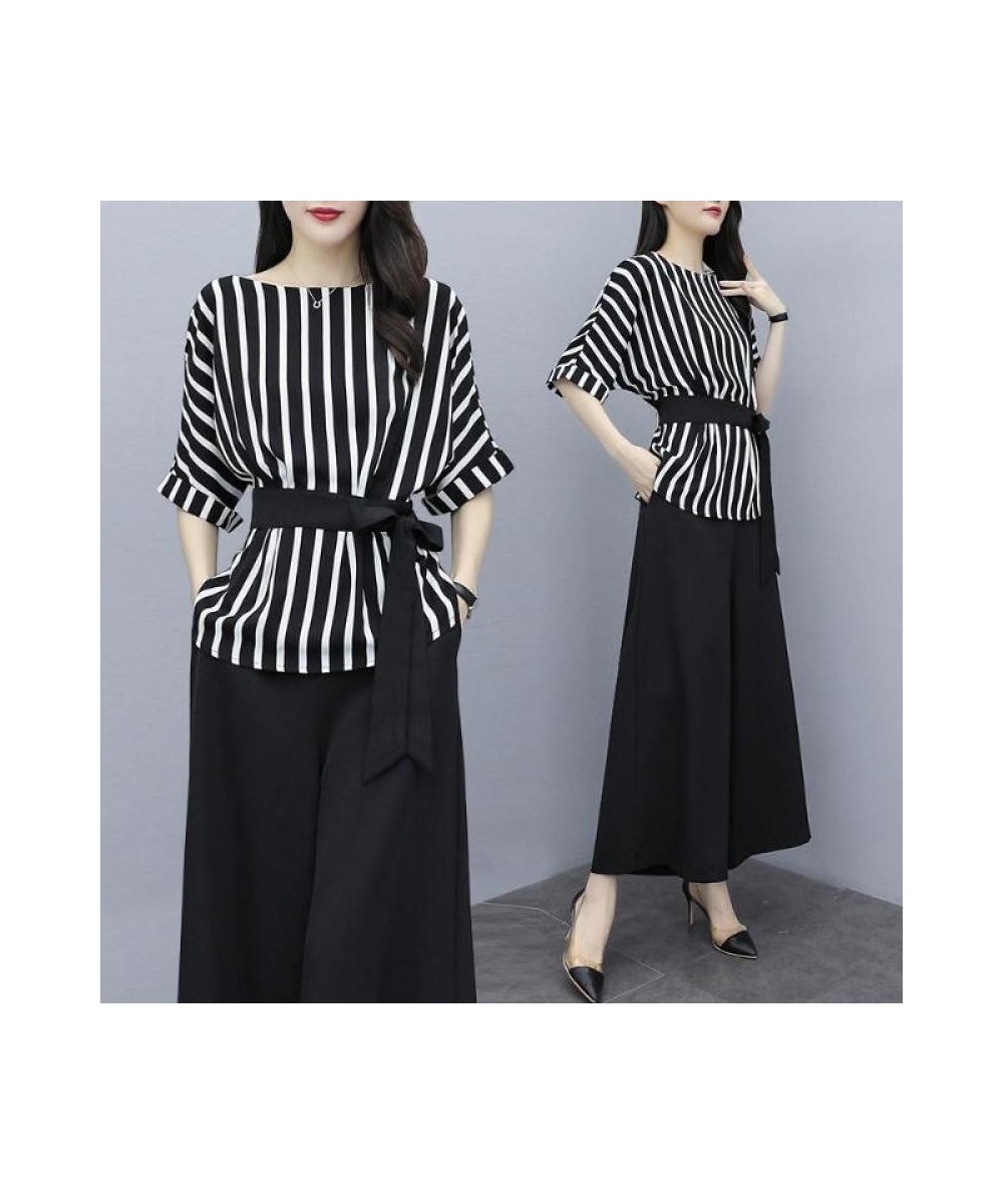 Casual Fashion Striped Print Sashes Pant Sets Summer 2023 O-Neck Half Sleeve Tops Elastic Waist Wide Leg Pants Loose Women Se...