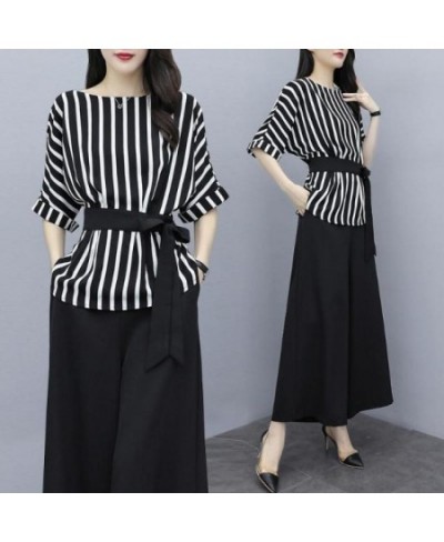 Casual Fashion Striped Print Sashes Pant Sets Summer 2023 O-Neck Half Sleeve Tops Elastic Waist Wide Leg Pants Loose Women Se...