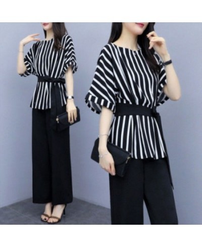 Casual Fashion Striped Print Sashes Pant Sets Summer 2023 O-Neck Half Sleeve Tops Elastic Waist Wide Leg Pants Loose Women Se...