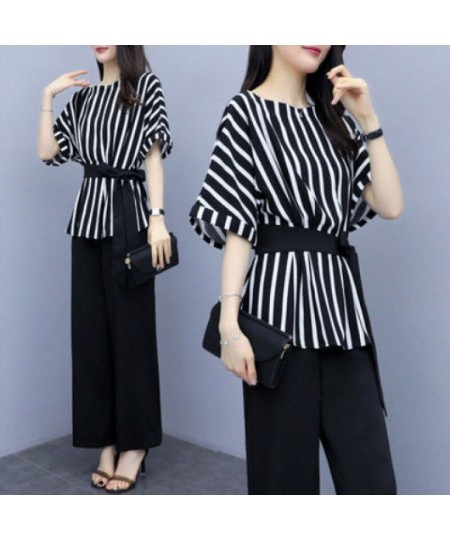 Casual Fashion Striped Print Sashes Pant Sets Summer 2023 O-Neck Half Sleeve Tops Elastic Waist Wide Leg Pants Loose Women Se...