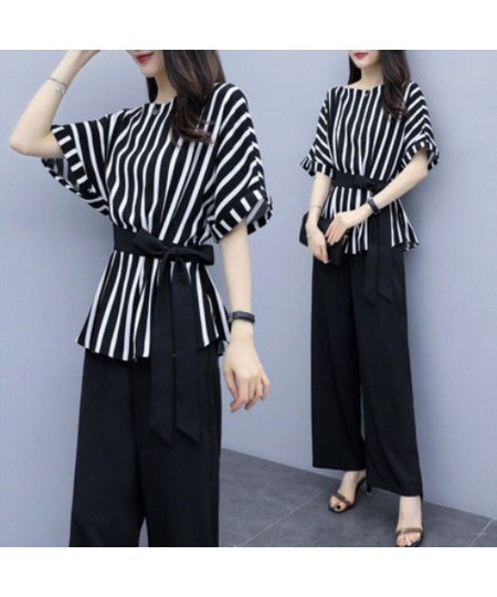 Casual Fashion Striped Print Sashes Pant Sets Summer 2023 O-Neck Half Sleeve Tops Elastic Waist Wide Leg Pants Loose Women Se...