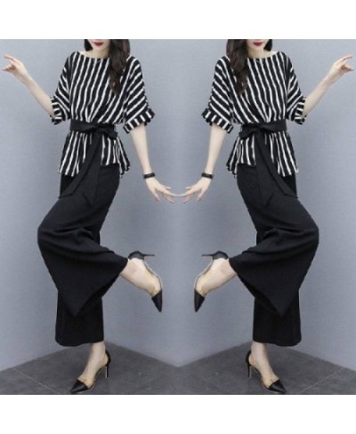 Casual Fashion Striped Print Sashes Pant Sets Summer 2023 O-Neck Half Sleeve Tops Elastic Waist Wide Leg Pants Loose Women Se...