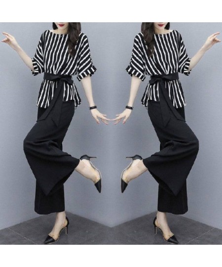 Casual Fashion Striped Print Sashes Pant Sets Summer 2023 O-Neck Half Sleeve Tops Elastic Waist Wide Leg Pants Loose Women Se...