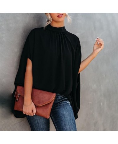 2022 Women Casual Batwing Sleeve Cape Design Black Long Sleeve Ladies Top Elegant High Neck Daily Wear Loose Blouse Lounge $3...