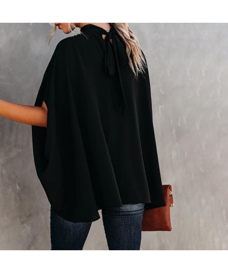 2022 Women Casual Batwing Sleeve Cape Design Black Long Sleeve Ladies Top Elegant High Neck Daily Wear Loose Blouse Lounge $3...