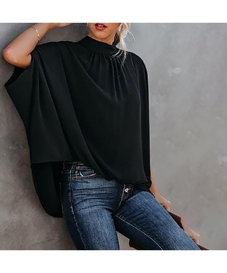 2022 Women Casual Batwing Sleeve Cape Design Black Long Sleeve Ladies Top Elegant High Neck Daily Wear Loose Blouse Lounge $3...