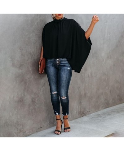 2022 Women Casual Batwing Sleeve Cape Design Black Long Sleeve Ladies Top Elegant High Neck Daily Wear Loose Blouse Lounge $3...