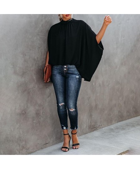 2022 Women Casual Batwing Sleeve Cape Design Black Long Sleeve Ladies Top Elegant High Neck Daily Wear Loose Blouse Lounge $3...