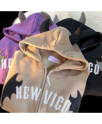 2022 New Little Devil Flocking Embroidery Zipper Hoodies Women Street Hip-Hop Plus Velvet Padded Sweatshirts Couple Loose Coa...