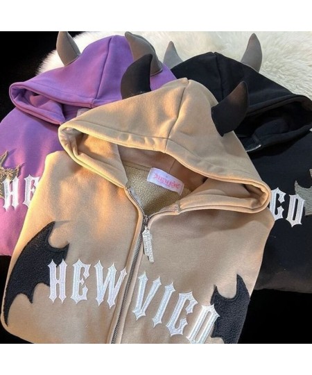 2022 New Little Devil Flocking Embroidery Zipper Hoodies Women Street Hip-Hop Plus Velvet Padded Sweatshirts Couple Loose Coa...