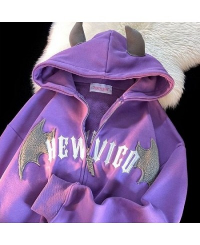 2022 New Little Devil Flocking Embroidery Zipper Hoodies Women Street Hip-Hop Plus Velvet Padded Sweatshirts Couple Loose Coa...