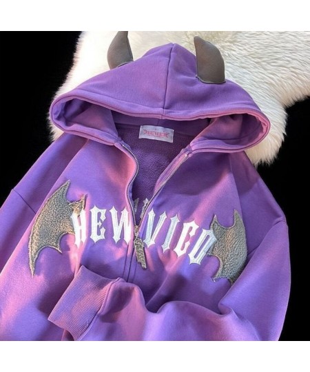 2022 New Little Devil Flocking Embroidery Zipper Hoodies Women Street Hip-Hop Plus Velvet Padded Sweatshirts Couple Loose Coa...