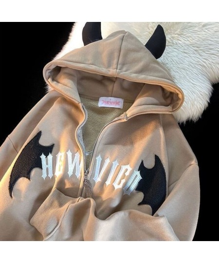 2022 New Little Devil Flocking Embroidery Zipper Hoodies Women Street Hip-Hop Plus Velvet Padded Sweatshirts Couple Loose Coa...