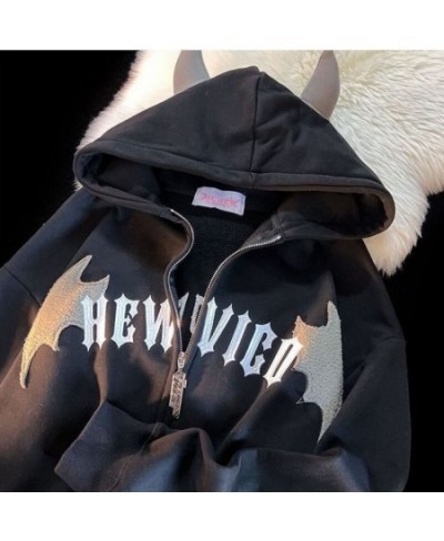 2022 New Little Devil Flocking Embroidery Zipper Hoodies Women Street Hip-Hop Plus Velvet Padded Sweatshirts Couple Loose Coa...