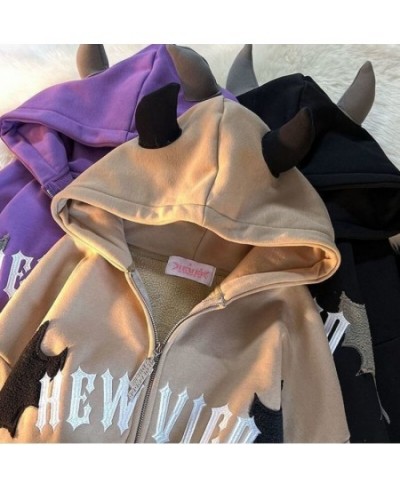 2022 New Little Devil Flocking Embroidery Zipper Hoodies Women Street Hip-Hop Plus Velvet Padded Sweatshirts Couple Loose Coa...