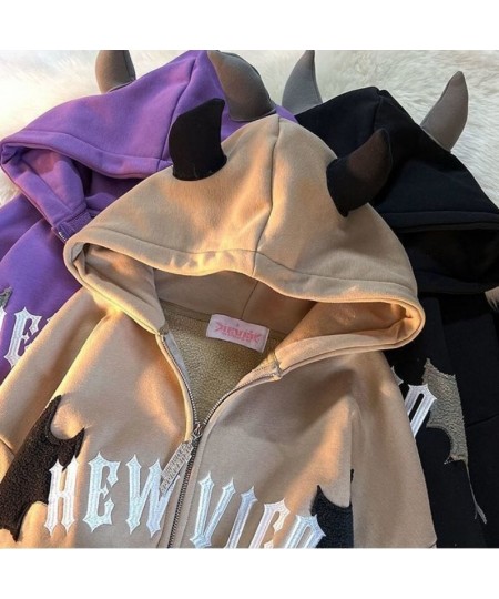 2022 New Little Devil Flocking Embroidery Zipper Hoodies Women Street Hip-Hop Plus Velvet Padded Sweatshirts Couple Loose Coa...