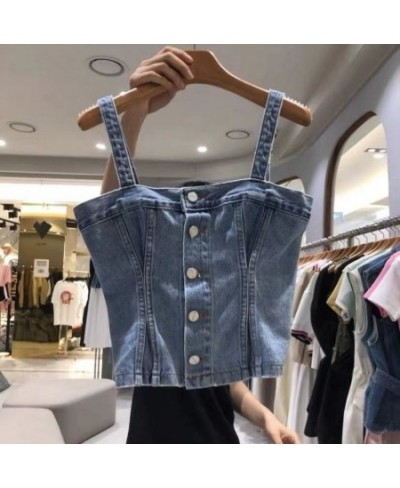 2023 Autumn New Vintage Fashion Single Breasted Demin Sling Vest Elegant Slim Short Women Korean Style Jeans Tanks Top $48.52...