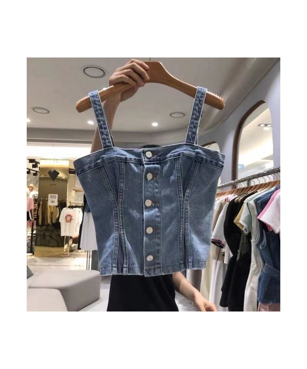 2023 Autumn New Vintage Fashion Single Breasted Demin Sling Vest Elegant Slim Short Women Korean Style Jeans Tanks Top $48.52...