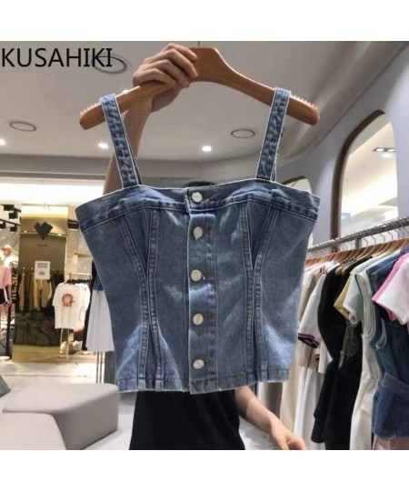 2023 Autumn New Vintage Fashion Single Breasted Demin Sling Vest Elegant Slim Short Women Korean Style Jeans Tanks Top $48.52...