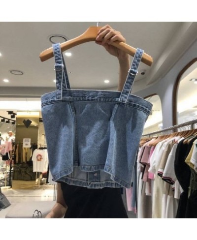 2023 Autumn New Vintage Fashion Single Breasted Demin Sling Vest Elegant Slim Short Women Korean Style Jeans Tanks Top $48.52...