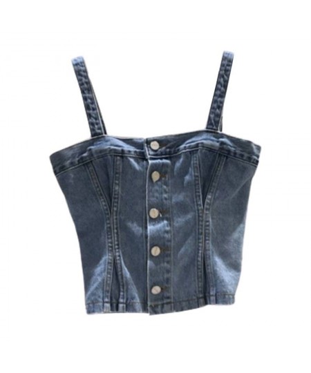 2023 Autumn New Vintage Fashion Single Breasted Demin Sling Vest Elegant Slim Short Women Korean Style Jeans Tanks Top $48.52...