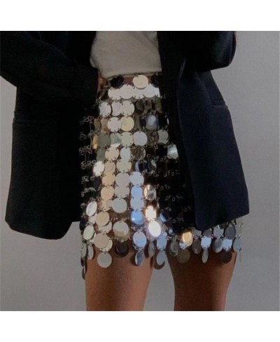 Solid y2k Shiny Sequins Sexy Mini Skirt For Women Hollow Out See Through Circular Sequin Outside Streetwear Shiny Lady Skirts...