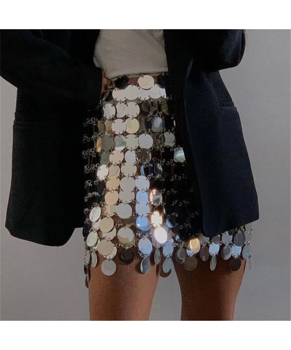 Solid y2k Shiny Sequins Sexy Mini Skirt For Women Hollow Out See Through Circular Sequin Outside Streetwear Shiny Lady Skirts...