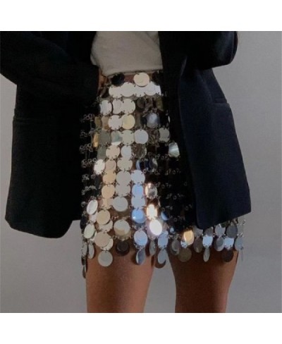 Solid y2k Shiny Sequins Sexy Mini Skirt For Women Hollow Out See Through Circular Sequin Outside Streetwear Shiny Lady Skirts...