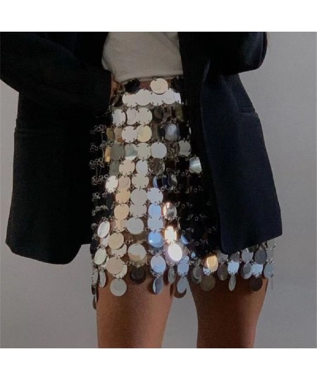 Solid y2k Shiny Sequins Sexy Mini Skirt For Women Hollow Out See Through Circular Sequin Outside Streetwear Shiny Lady Skirts...