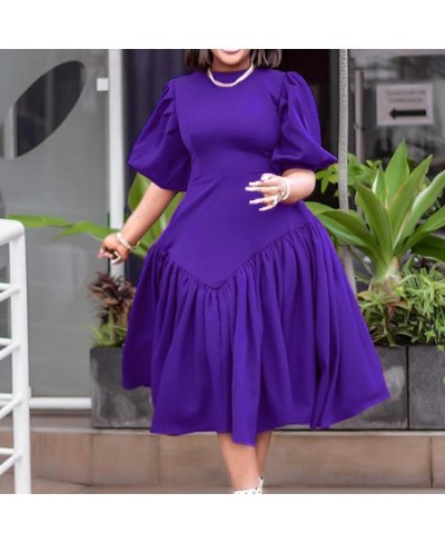 Plus Size Women's Clothing Pleated Solid Color Fashion Half Puff Sleeve Summer Round Neck High Waist Elegant Mid-calf Dress $...