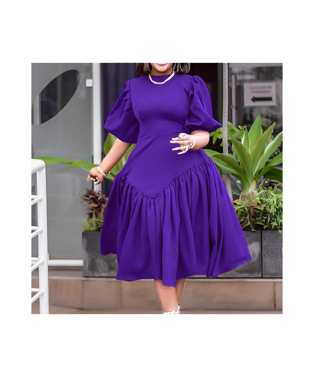 Plus Size Women's Clothing Pleated Solid Color Fashion Half Puff Sleeve Summer Round Neck High Waist Elegant Mid-calf Dress $...