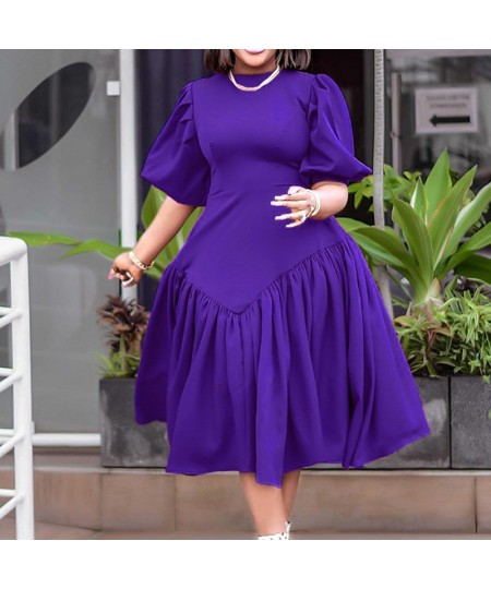 Plus Size Women's Clothing Pleated Solid Color Fashion Half Puff Sleeve Summer Round Neck High Waist Elegant Mid-calf Dress $...