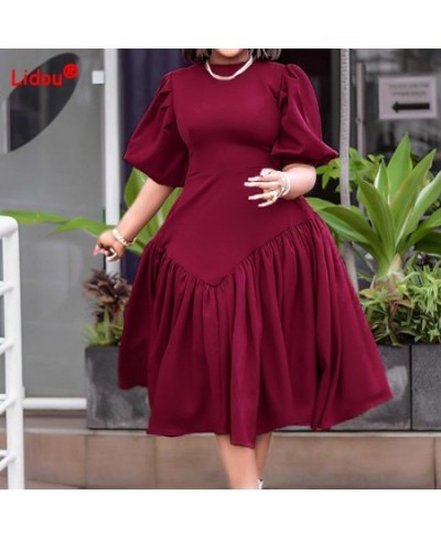 Plus Size Women's Clothing Pleated Solid Color Fashion Half Puff Sleeve Summer Round Neck High Waist Elegant Mid-calf Dress $...