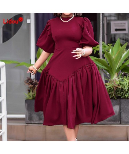 Plus Size Women's Clothing Pleated Solid Color Fashion Half Puff Sleeve Summer Round Neck High Waist Elegant Mid-calf Dress $...