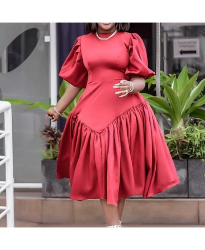 Plus Size Women's Clothing Pleated Solid Color Fashion Half Puff Sleeve Summer Round Neck High Waist Elegant Mid-calf Dress $...