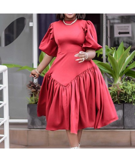 Plus Size Women's Clothing Pleated Solid Color Fashion Half Puff Sleeve Summer Round Neck High Waist Elegant Mid-calf Dress $...