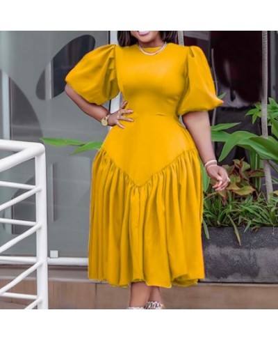 Plus Size Women's Clothing Pleated Solid Color Fashion Half Puff Sleeve Summer Round Neck High Waist Elegant Mid-calf Dress $...