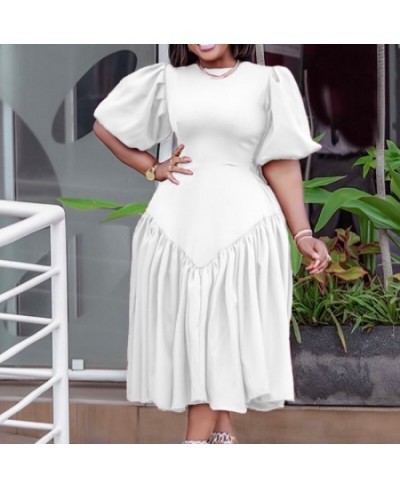 Plus Size Women's Clothing Pleated Solid Color Fashion Half Puff Sleeve Summer Round Neck High Waist Elegant Mid-calf Dress $...