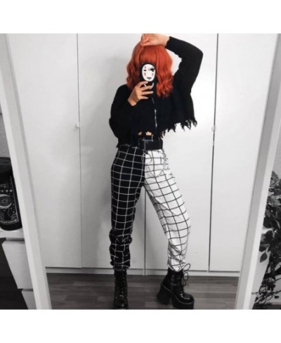 Hight Waist Straight Loose Long Trousers Streetwear Cool Girls Black and White Checkerboard Patchwork Trousers Cargo Pants $2...