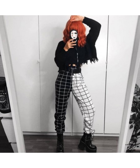 Hight Waist Straight Loose Long Trousers Streetwear Cool Girls Black and White Checkerboard Patchwork Trousers Cargo Pants $2...