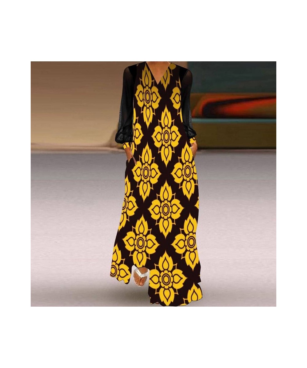 Female Loose Swing Boho Dresses 2023 Vintage Pattern Print Straight Maxi Dress Mesh Long Sleeve Patchwork V-Neck Dress Vestid...