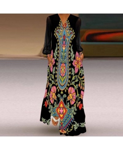 Female Loose Swing Boho Dresses 2023 Vintage Pattern Print Straight Maxi Dress Mesh Long Sleeve Patchwork V-Neck Dress Vestid...