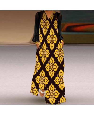 Female Loose Swing Boho Dresses 2023 Vintage Pattern Print Straight Maxi Dress Mesh Long Sleeve Patchwork V-Neck Dress Vestid...