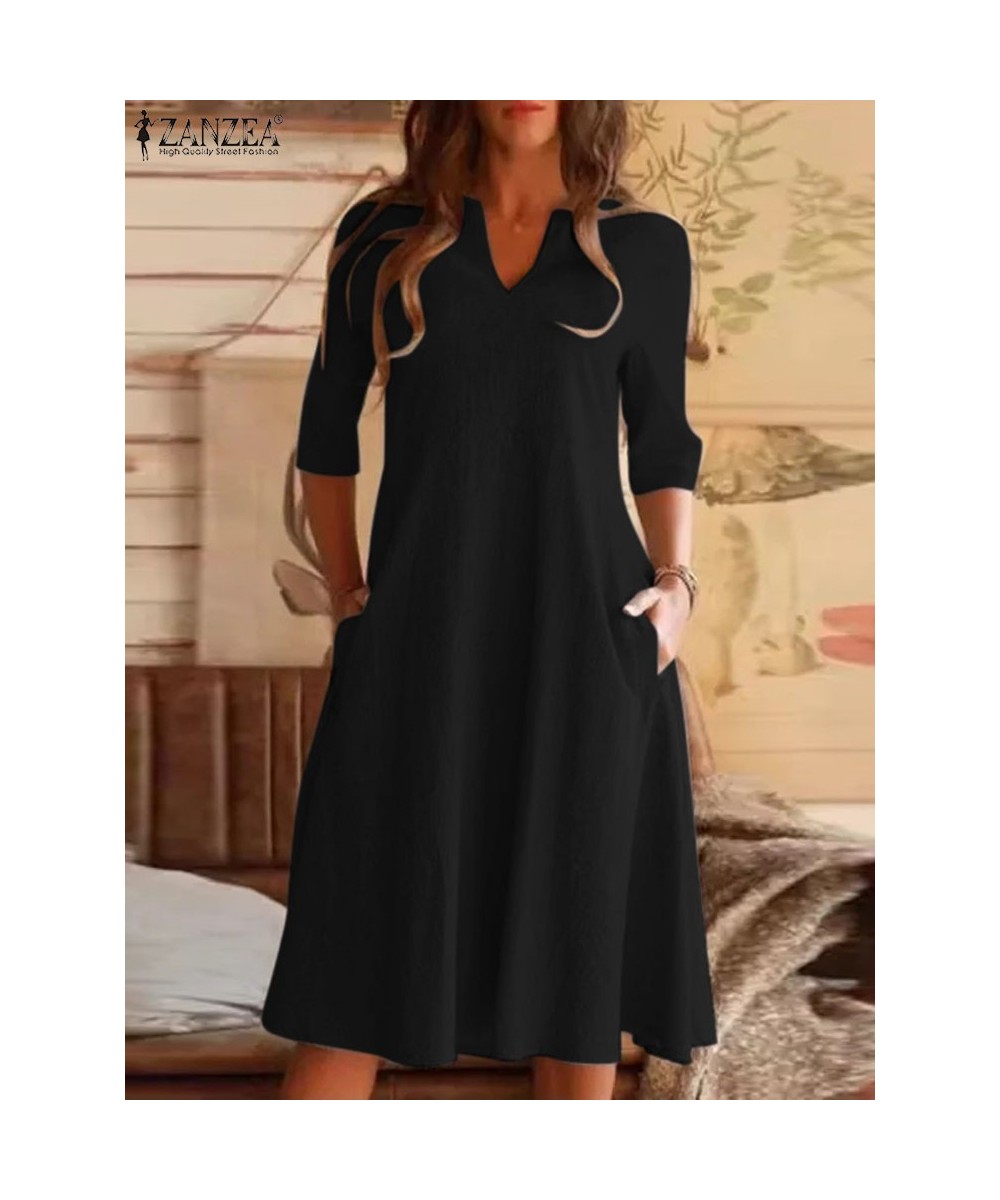 2023 V-Neck Solid 3/4 Sleeve Mid-Calf Length Dress Autumn Elegant Vestidos Stylish Casual Vintage Sundress Work OL Robe $40.7...