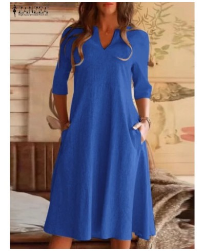 2023 V-Neck Solid 3/4 Sleeve Mid-Calf Length Dress Autumn Elegant Vestidos Stylish Casual Vintage Sundress Work OL Robe $40.7...