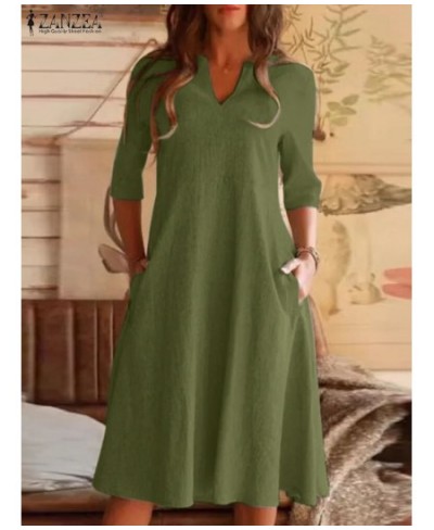 2023 V-Neck Solid 3/4 Sleeve Mid-Calf Length Dress Autumn Elegant Vestidos Stylish Casual Vintage Sundress Work OL Robe $40.7...