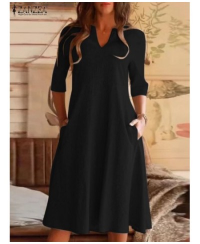 2023 V-Neck Solid 3/4 Sleeve Mid-Calf Length Dress Autumn Elegant Vestidos Stylish Casual Vintage Sundress Work OL Robe $40.7...