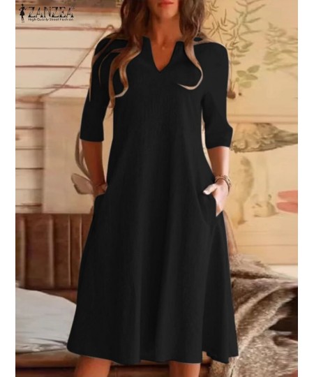 2023 V-Neck Solid 3/4 Sleeve Mid-Calf Length Dress Autumn Elegant Vestidos Stylish Casual Vintage Sundress Work OL Robe $40.7...